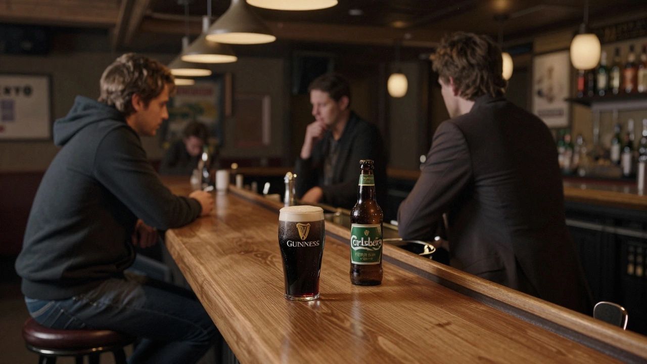 Empty XOYO bar at night with a pint of Guinness and Carlsberg bottle, quiet patrons, warm ambient lighting.