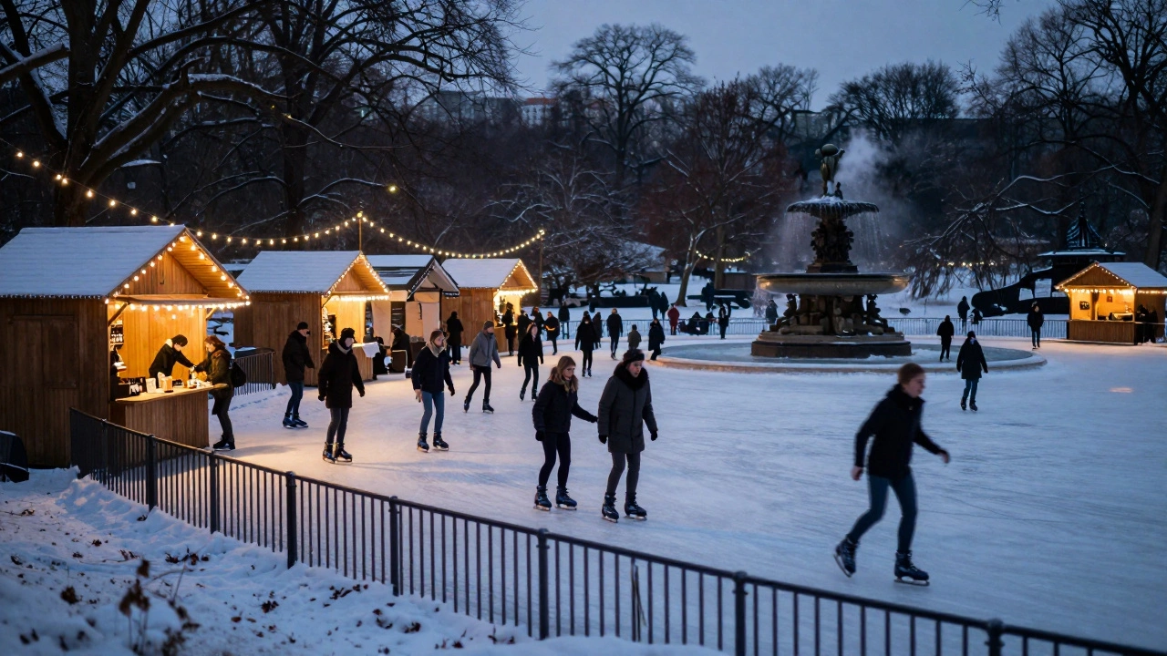 Families ice skating at Hyde Park's winter rink under string lights, mulled wine chalets glowing in the night.