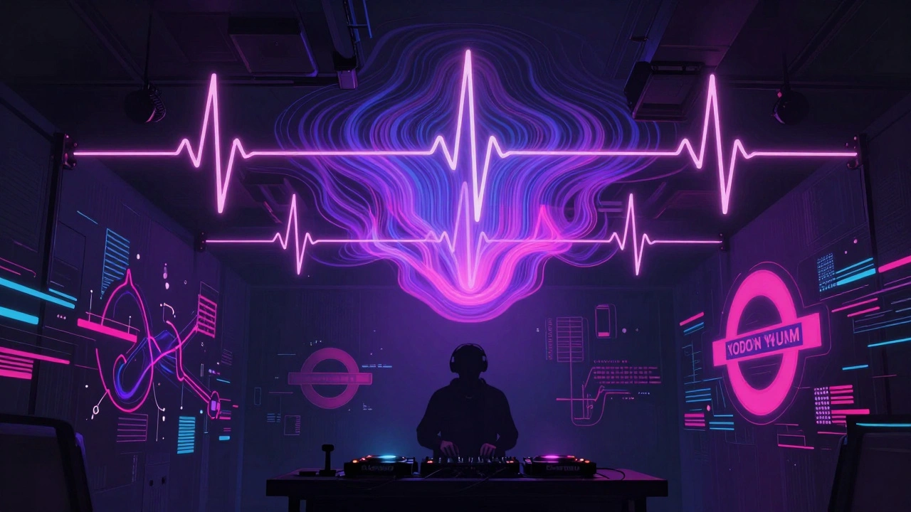 Lighting system pulses like a heartbeat with glitched Underground maps projected on walls.