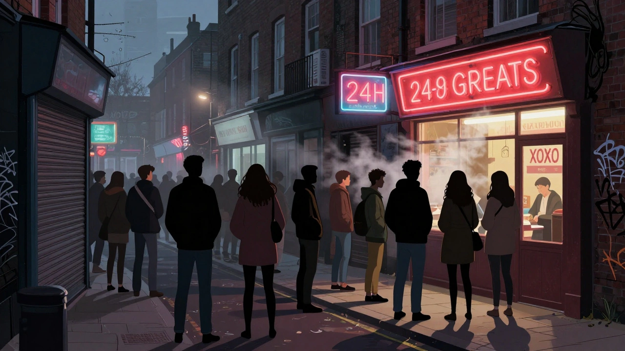 Long line of people waiting outside XOYO Nightclub on Rivington Street at night, past a shuttered shop and greasy spoon.