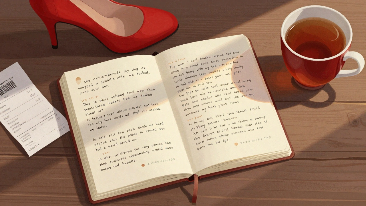 Open journal with handwritten verified client reviews, a red heel, and a tea cup on a wooden table.