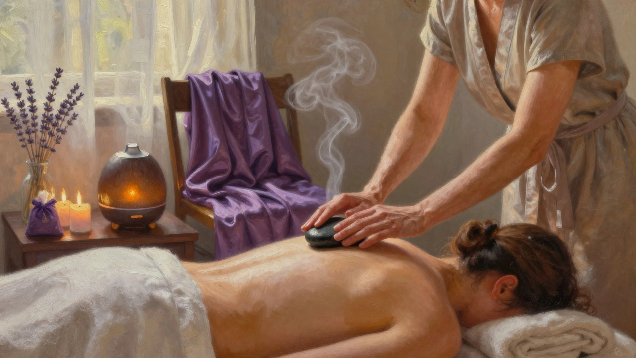 Serene spa room with warm stones, candles, and steam rising in soft sunlight.