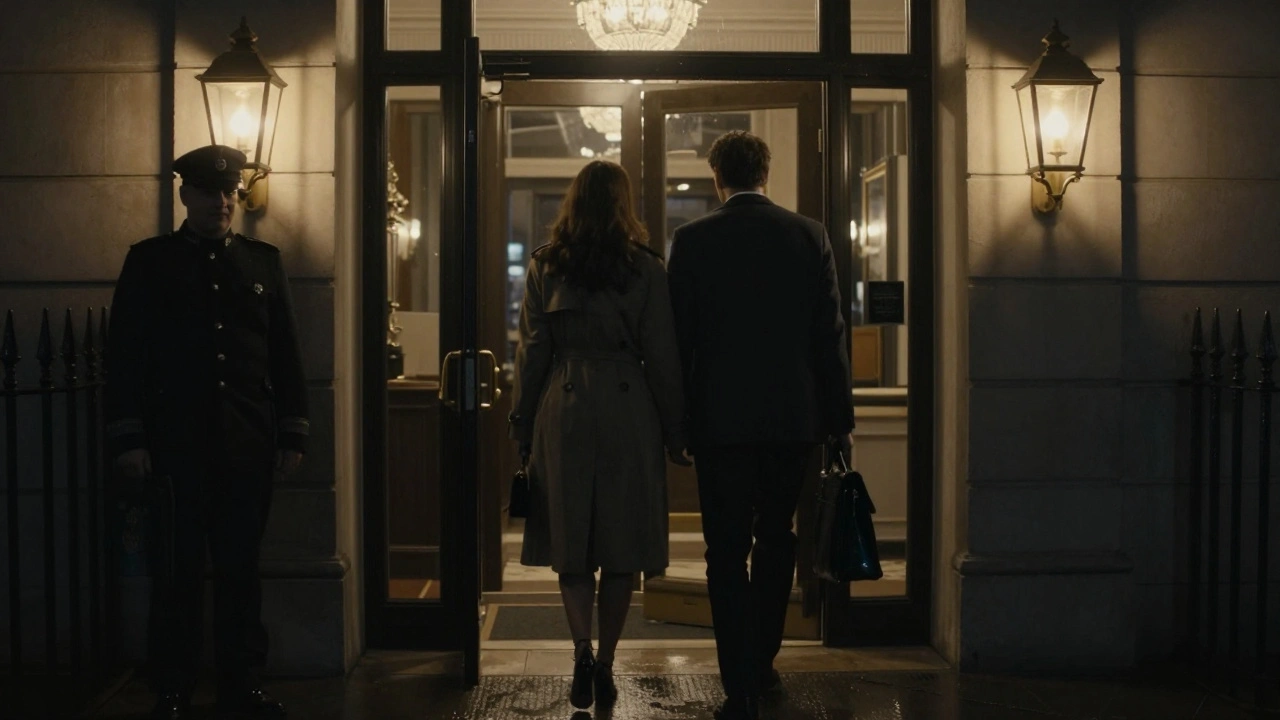 Silhouettes of a man and woman entering a luxury hotel in Harrow at night, rain glistening on the pavement.