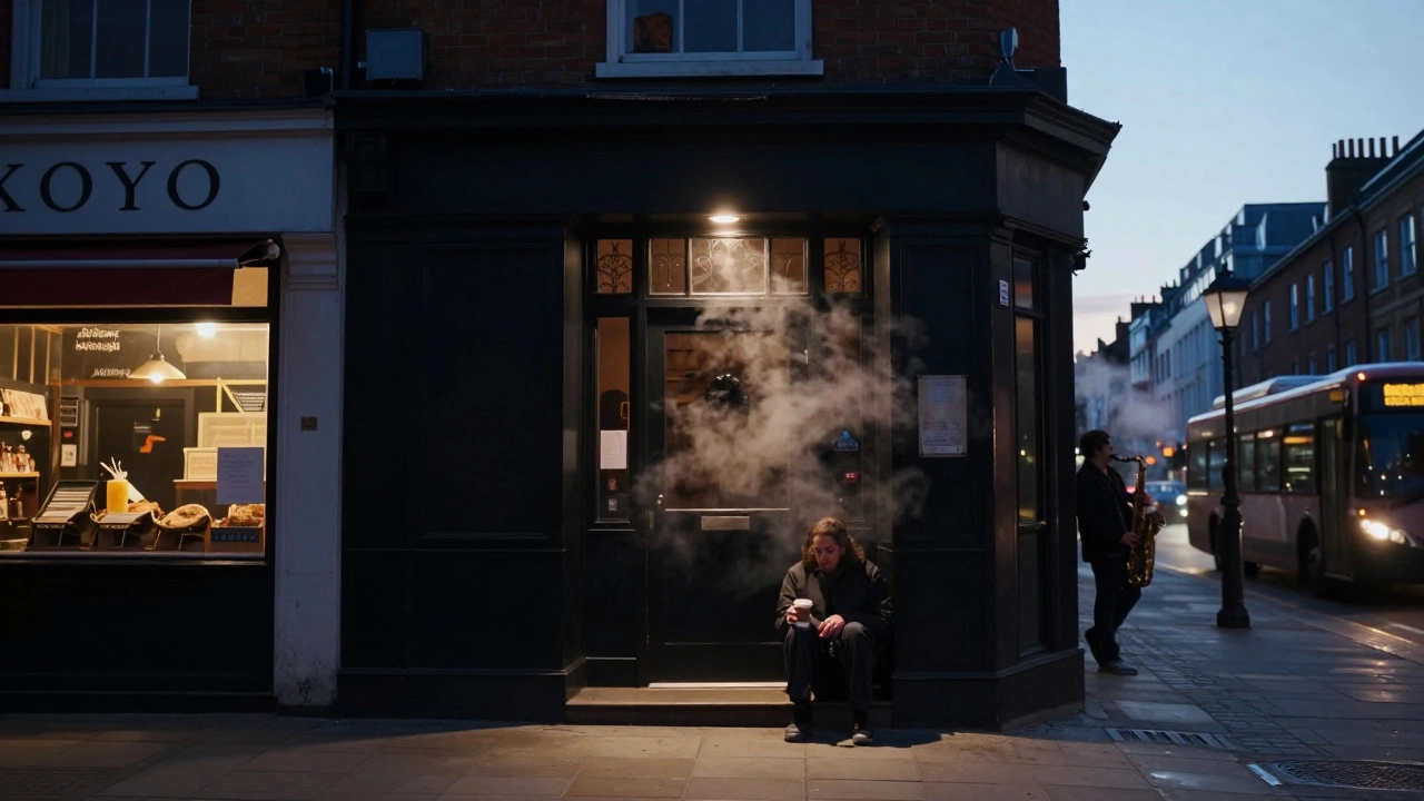 Solo visitor sitting on XOYO's steps at dawn, city waking up, saxophone playing in distance, quiet aftermath.
