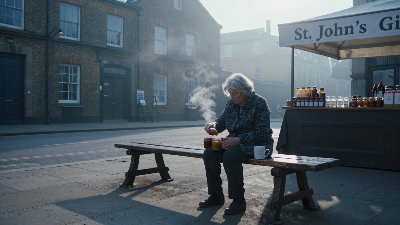 Spitalfields Market at dawn with marmalade jars, gin bottles, and a wooden bench in misty light.