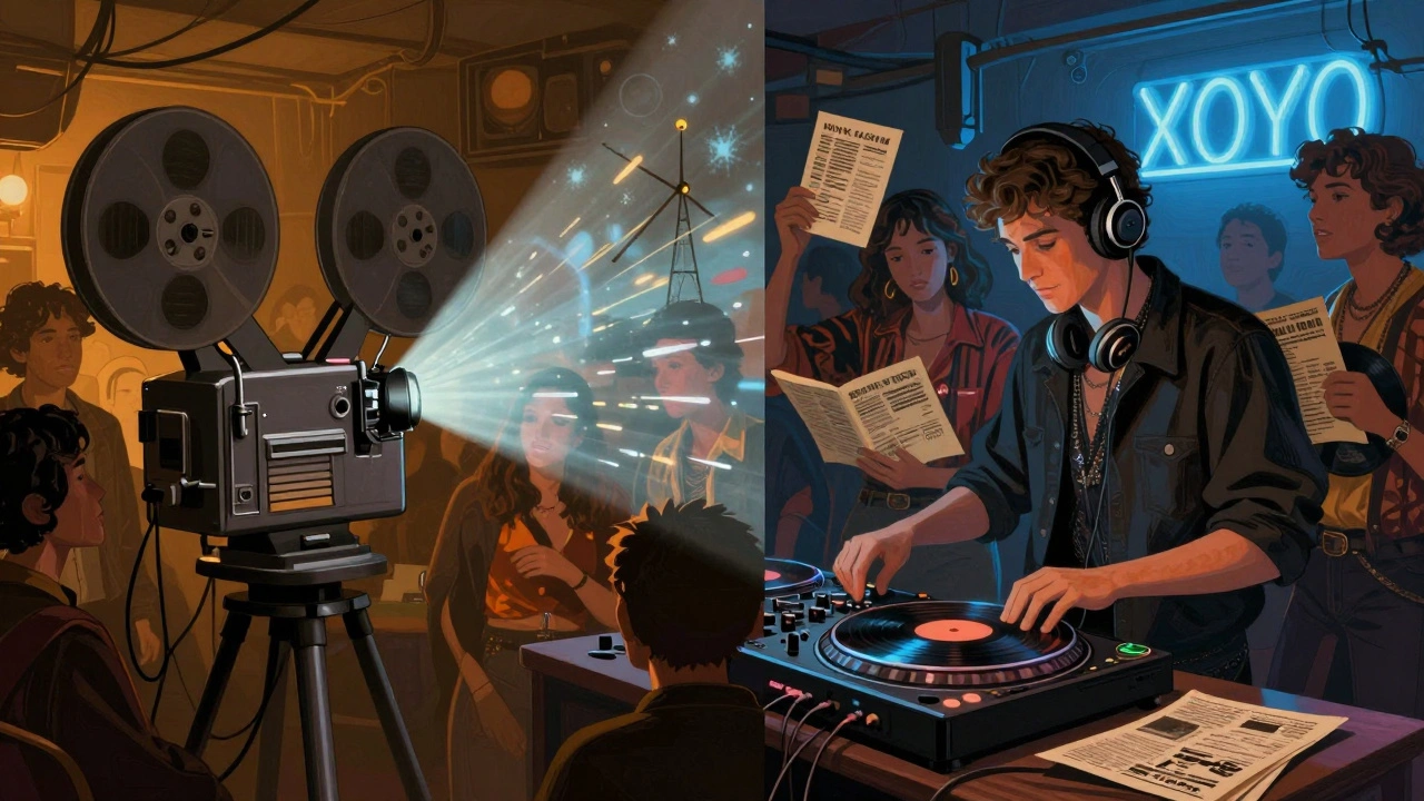 Split scene of a film screening and DJ set at an underground London venue, rich with cultural detail.