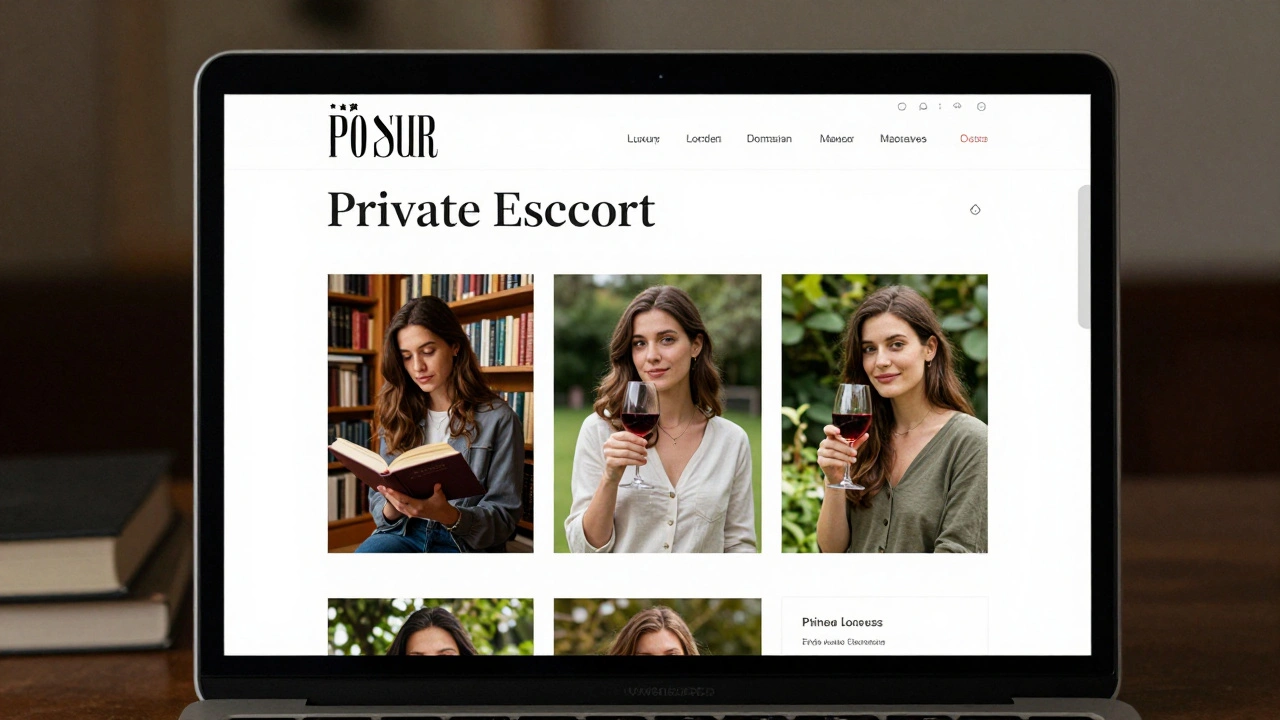 Three natural, unfiltered photos of a woman on a luxury escort profile page, displayed on a laptop in a dim room.