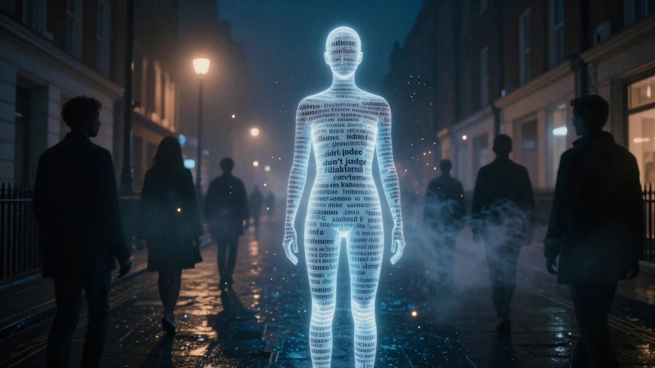Transparent figure made of verified review text glowing in a foggy London street at night.