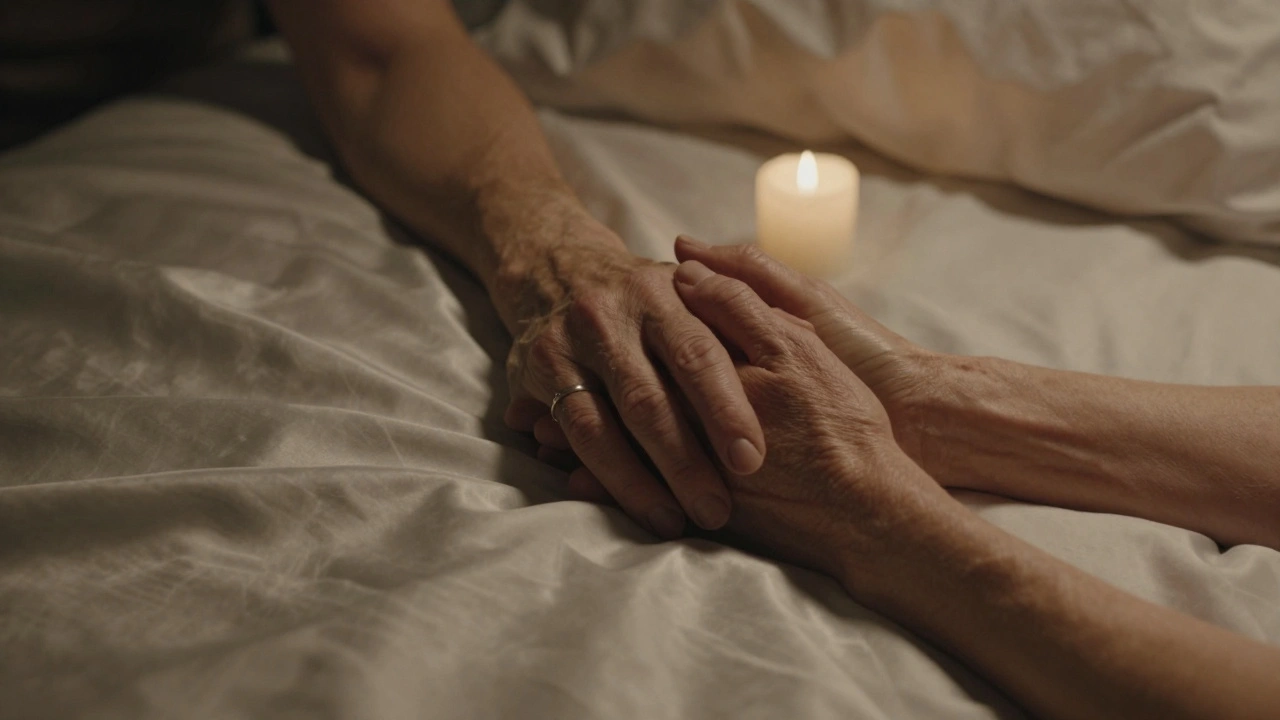 Two hands clasped gently in a dim bedroom, conveying trust and emotional connection without words.