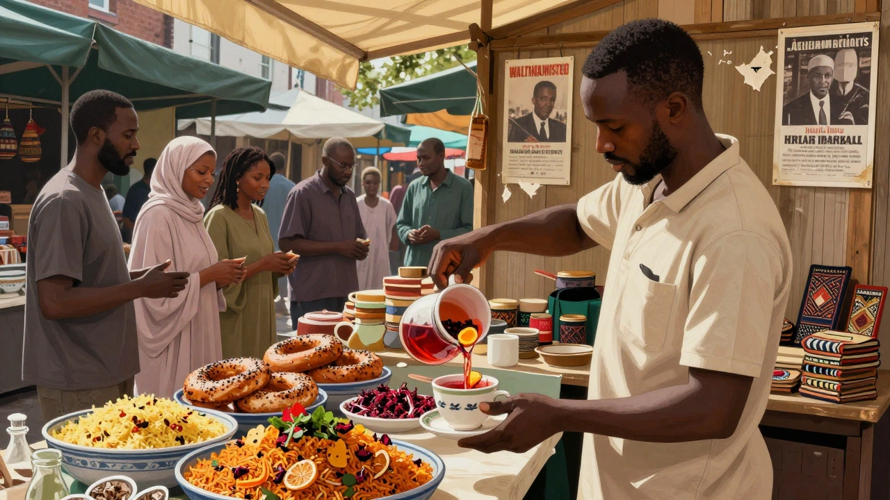 Walthamstow Market vendor serving hibiscus tea among diverse food stalls and shoppers.