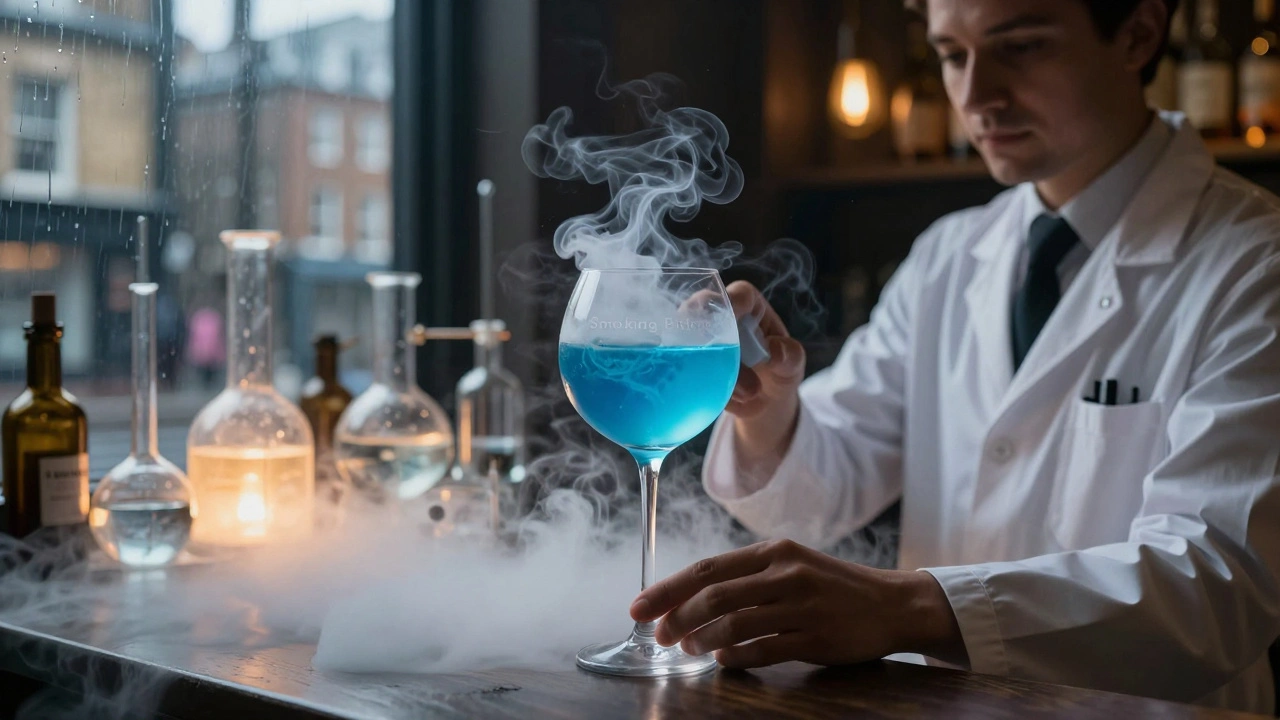 A bartender presenting a smoking glass globe cocktail in a lab-like setting, with fog and glowing beakers in the background.