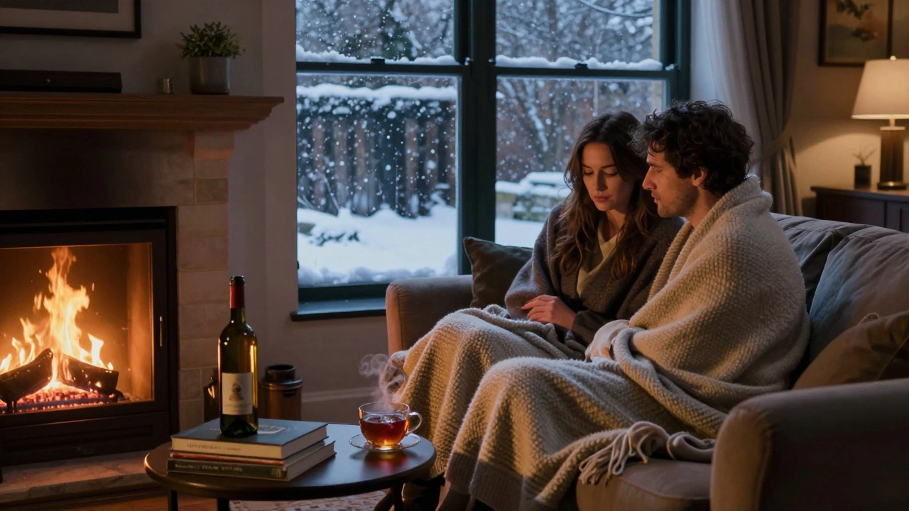 A couple relaxes by a fireplace in a private countryside cottage, wrapped in blankets, sharing a peaceful evening with books and wine.