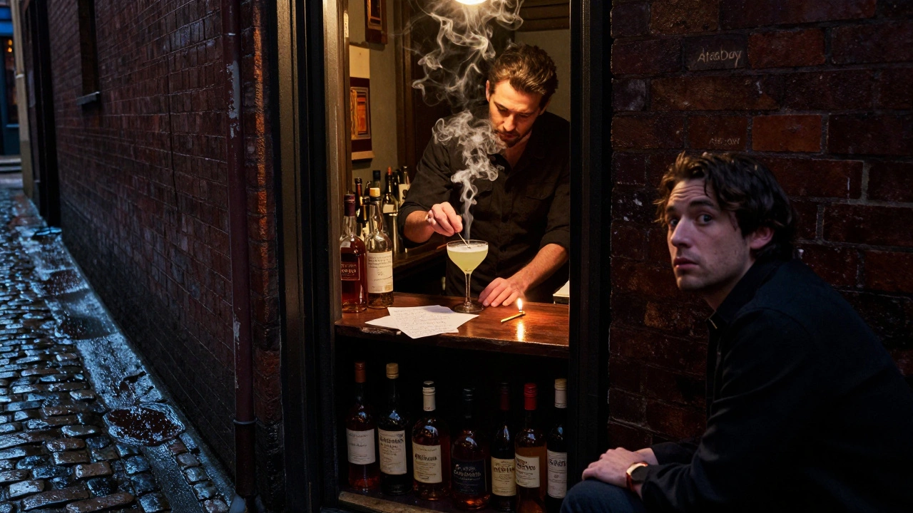 A hidden bar behind a fridge door where smoky cocktail vapor rises above a handcrafted drink.