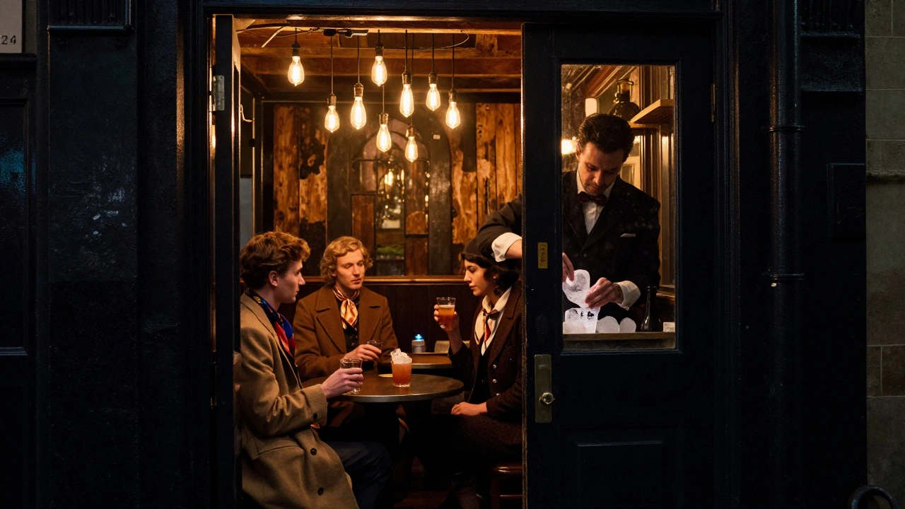 A hidden cocktail lounge revealed through an unmarked door, lit by Edison bulbs and filled with elegantly dressed patrons.
