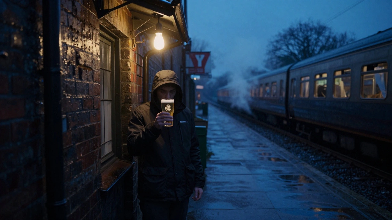 A lone person holding a pint of cider outside a quiet Bermondsey pub at dawn, under a single bulb, with rain-slicked bricks and distant train sounds.