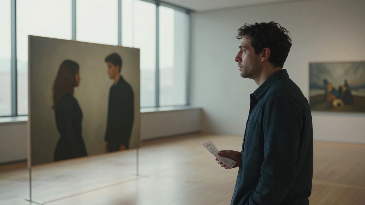 A man standing alone before a painting in an art gallery, moved by emotion, holding an escort service receipt.