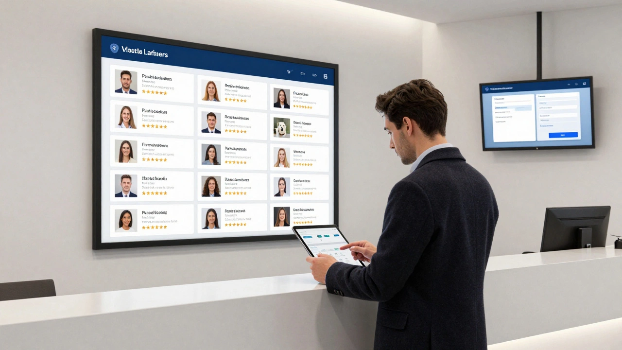 A professional companion agency's modern reception area with digital profiles and secure booking systems displayed on a tablet.