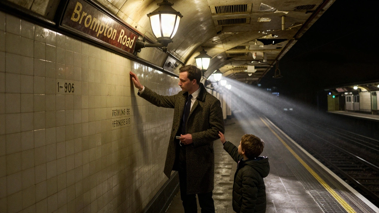 A professional guide touches original tiles in a silent, disused London Underground station with vintage lighting.