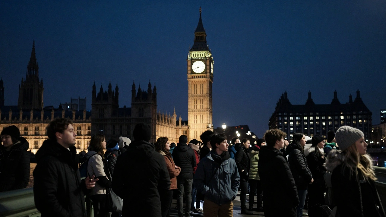 A silent crowd gathers on the embankment at midnight, listening as Big Ben chimes on New Year’s Eve.