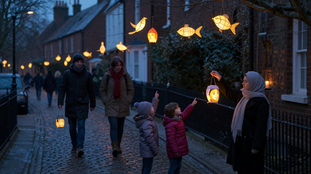 Candlelit winter lanterns shaped like ancestors glow along a quiet village path at night.