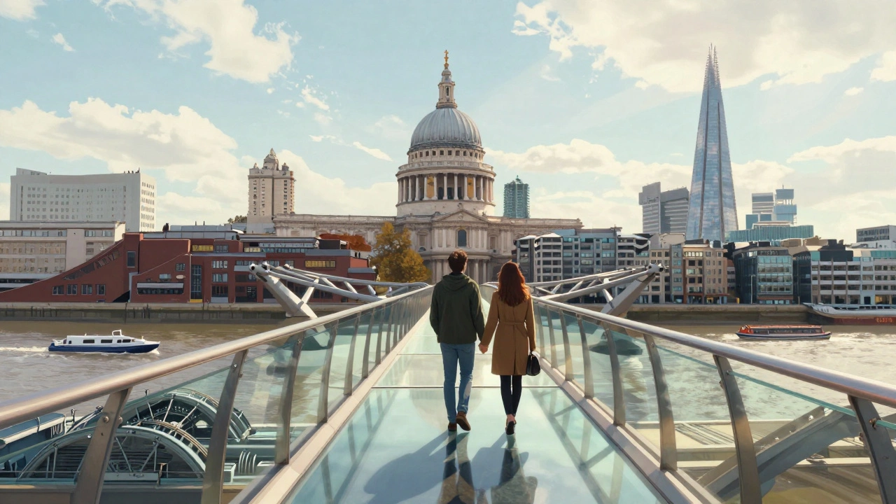 Couple standing on Tower Bridge's glass walkway, viewing St. Paul’s and the Shard above the river.