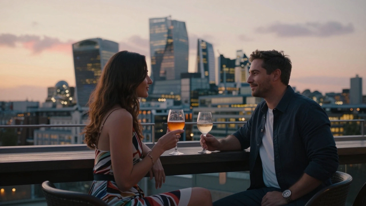 Couples enjoying drinks at rooftop bar with London skyline at sunset.