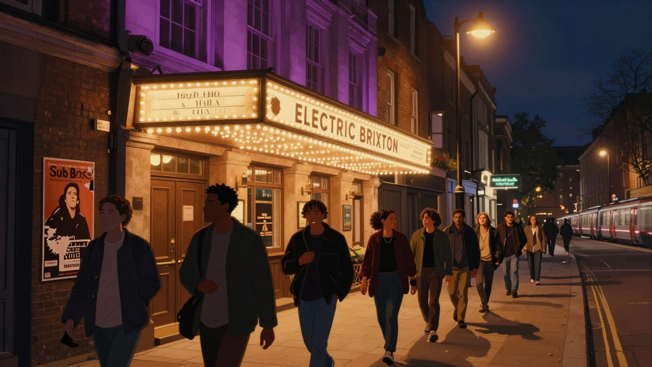 Electric Brixton nightclub exterior at night with long queue of people, vintage posters, and Brixton Station in distance.
