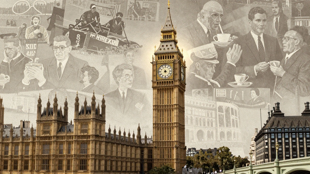 Elizabeth Tower integrated with historical scenes like protests, blackouts, and celebrations, symbolizing democracy through time.