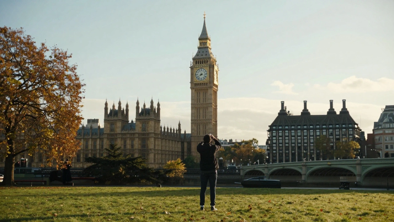 Elizabeth Tower viewed from Victoria Tower Gardens with clear skyline and no crowds.