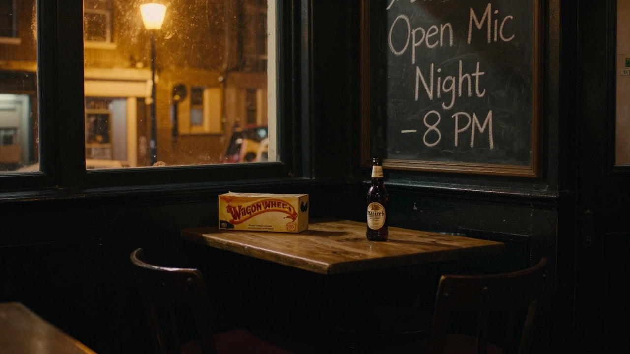 Empty pub corner in Islington with snacks and beer left after an open mic night.