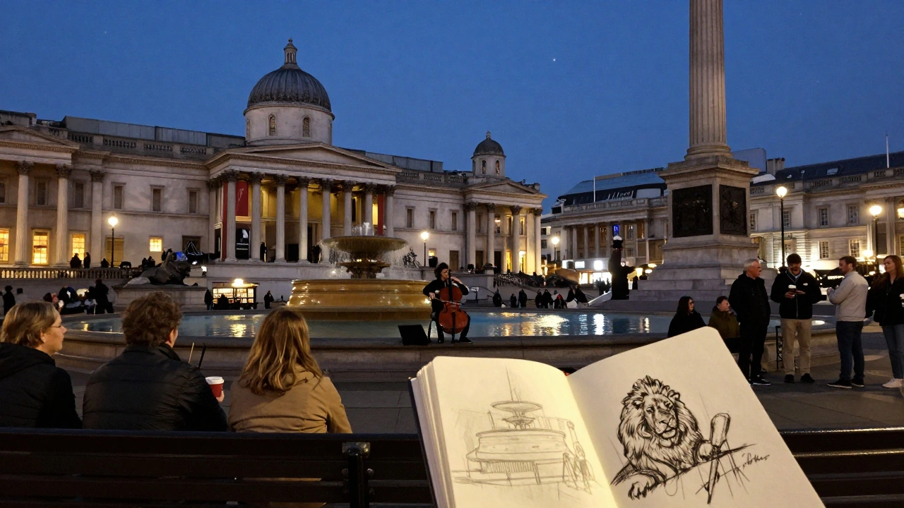 Evening street performance near Trafalgar Square’s fountain, cellist playing as crowd gathers under warm lamplight.