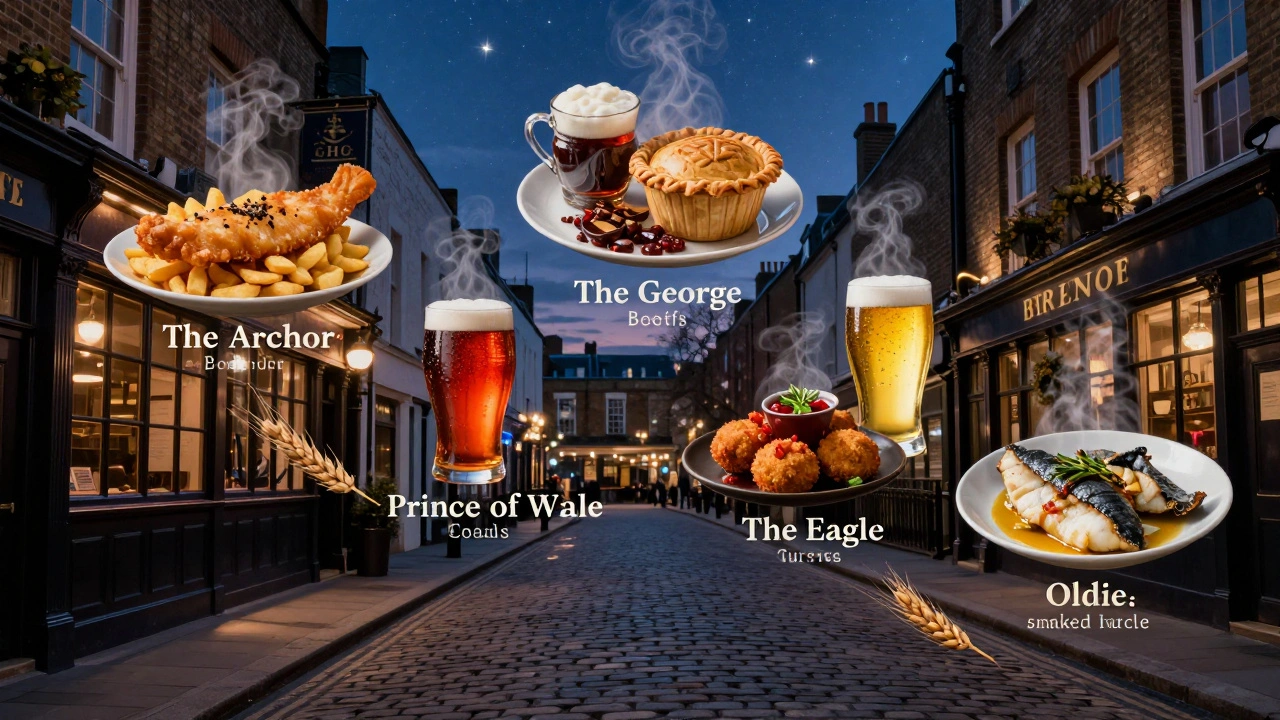 Five iconic London pub dishes and their drink pairings floating along a cobblestone path at twilight.