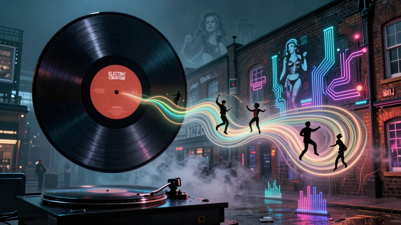 Giant vinyl record above Electric Brixton, sound waves carrying dancers, building fused with neon and smoke.