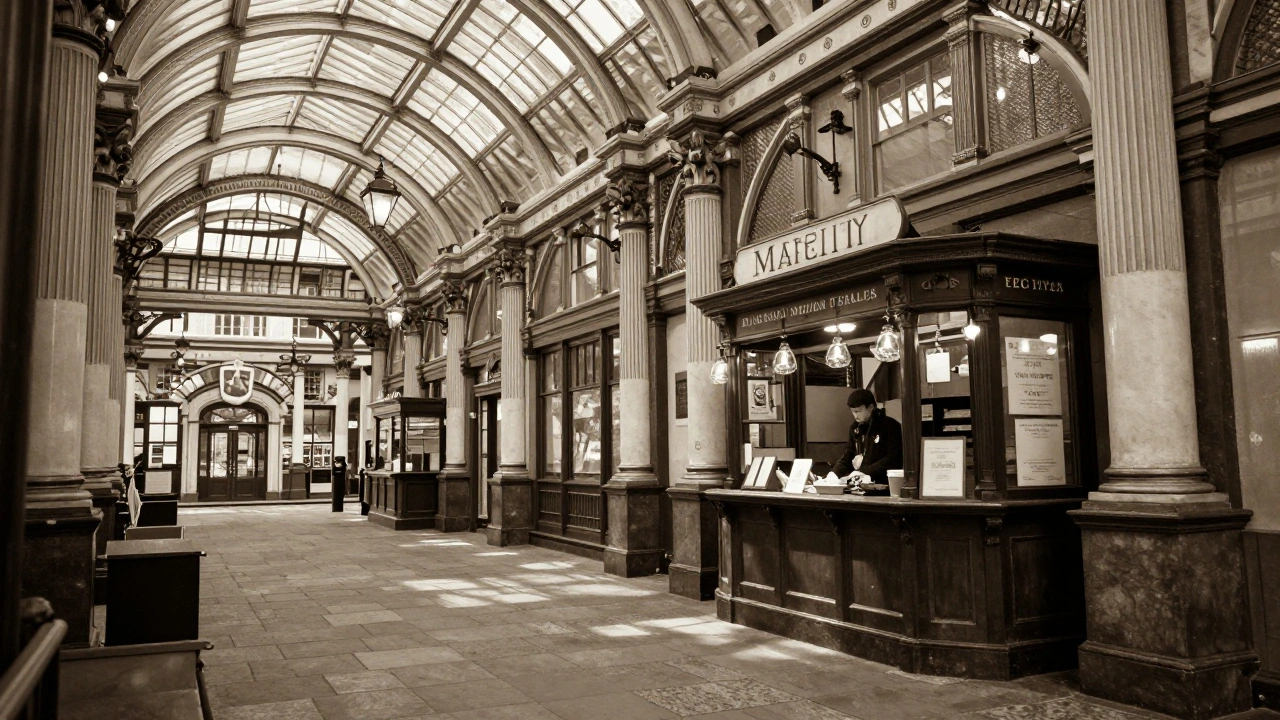 Leadenhall Market’s glass roof and cast-iron columns with a lone vendor at an antique oyster stall.