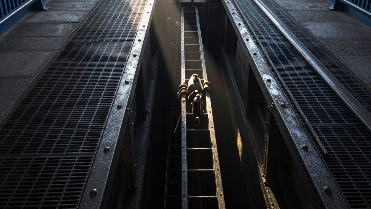 Looking down through a pavement grate into a dark vertical shaft of Tower Bridge's central support pillar.