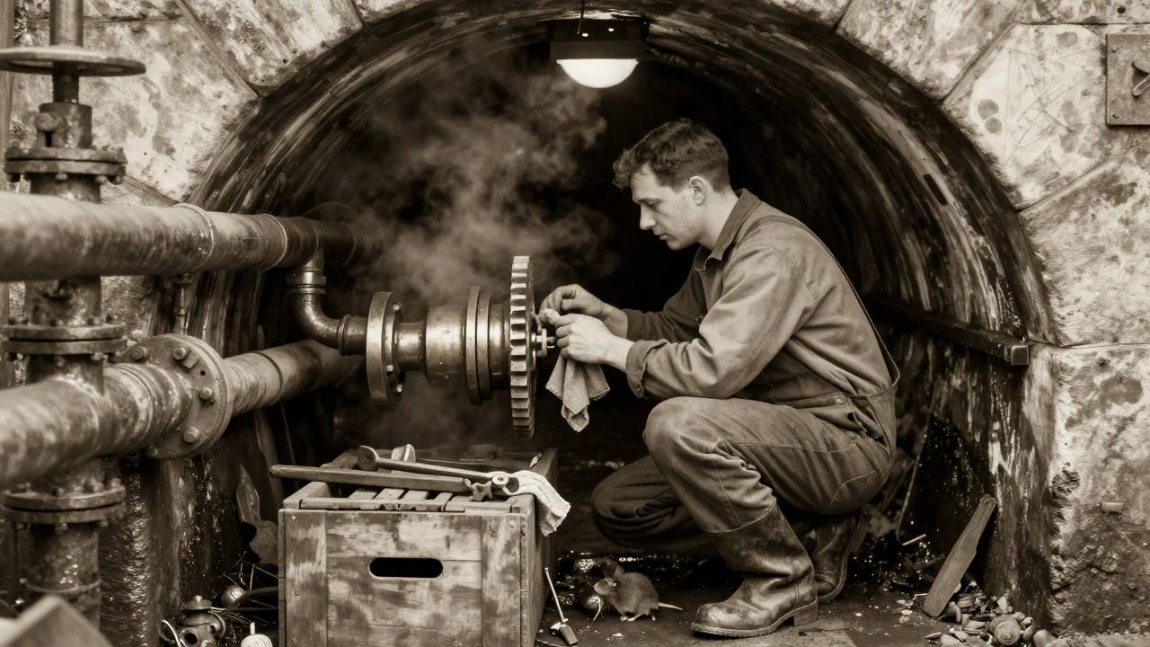 Maintenance worker inspecting brass gears in a dim tunnel under Tower Bridge, with a rat nearby.