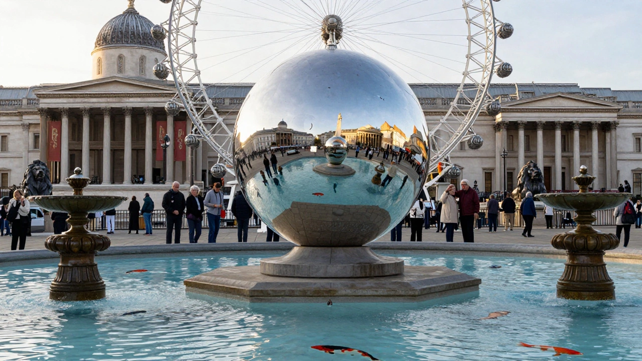 Mirrored 'London Eye' sculpture on the Fourth Plinth reflecting diverse Londoners, with fountains and lions nearby.
