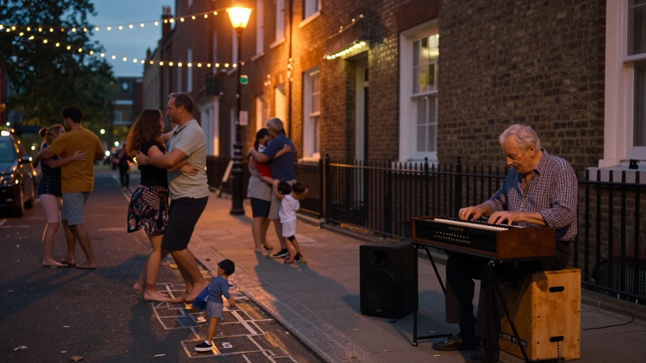 Neighbors dancing on a quiet street at midnight, an elderly man playing an organ under string lights.
