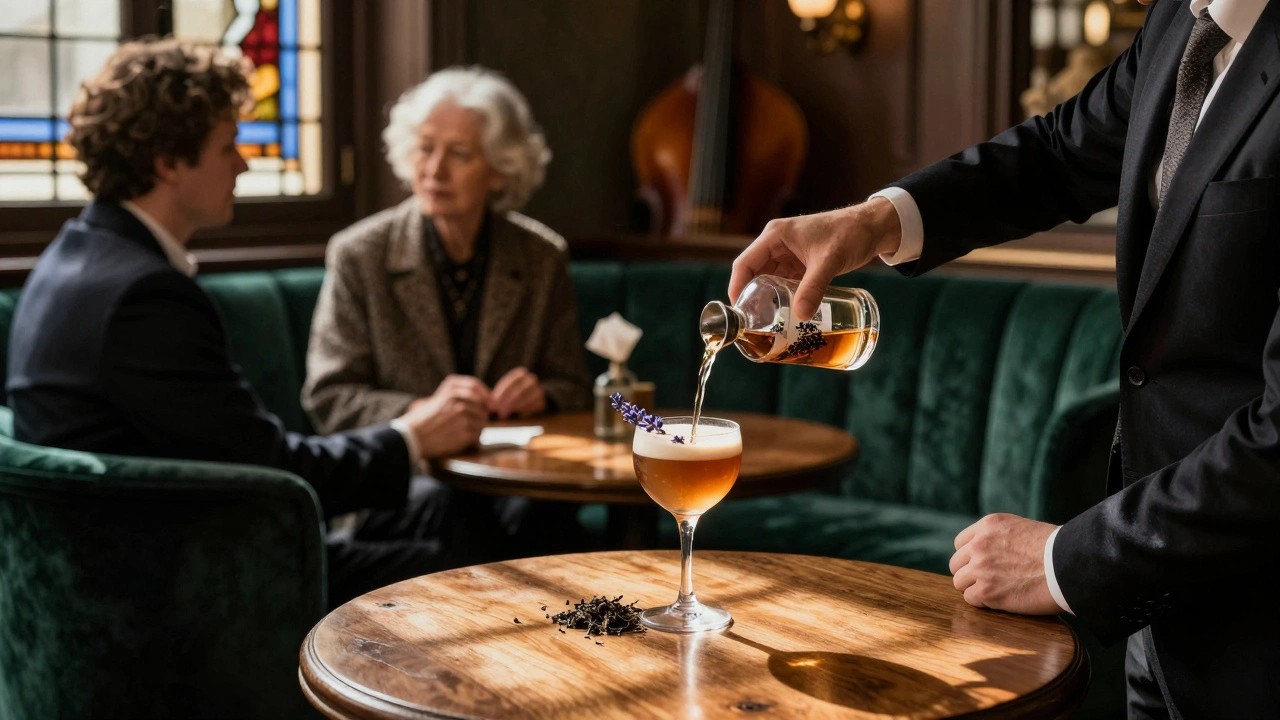 Patrons in a velvet-lined lounge sipping a London Fog cocktail, golden light filtering through stained glass.