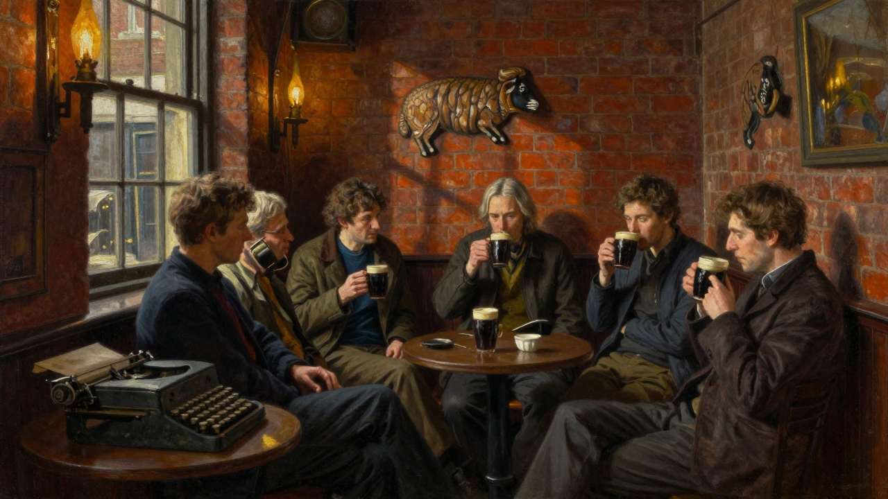 Poets and theatre workers sharing quiet conversation over dark porter in a historic Covent Garden pub with carved lamb details.