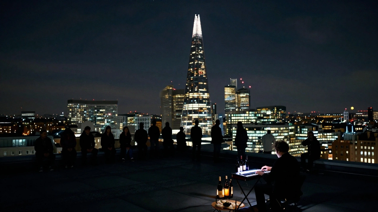 Silent crowd on a rooftop at night, enjoying wine and food with London's skyline in the background.