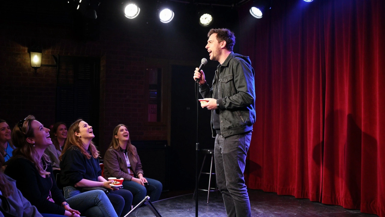 Stand-up comedian performing to a laughing audience at Hammersmith Apollo.