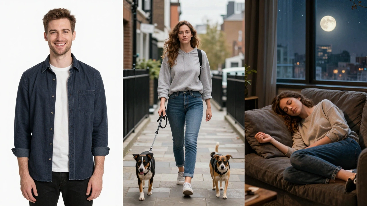 Three panels show the evolution from fake agency photos to authentic, intimate moments between a woman and her client.