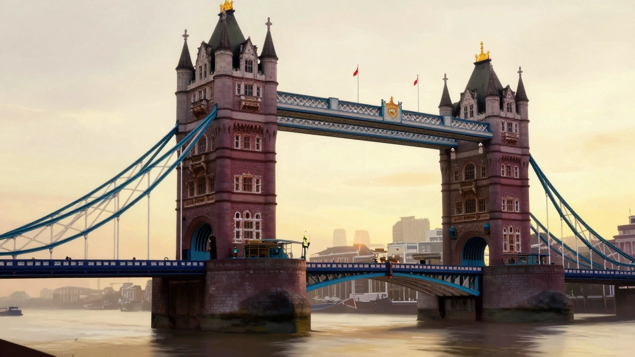 Tower Bridge at dawn with rising bascules and traces of original red paint visible beneath blue layers.