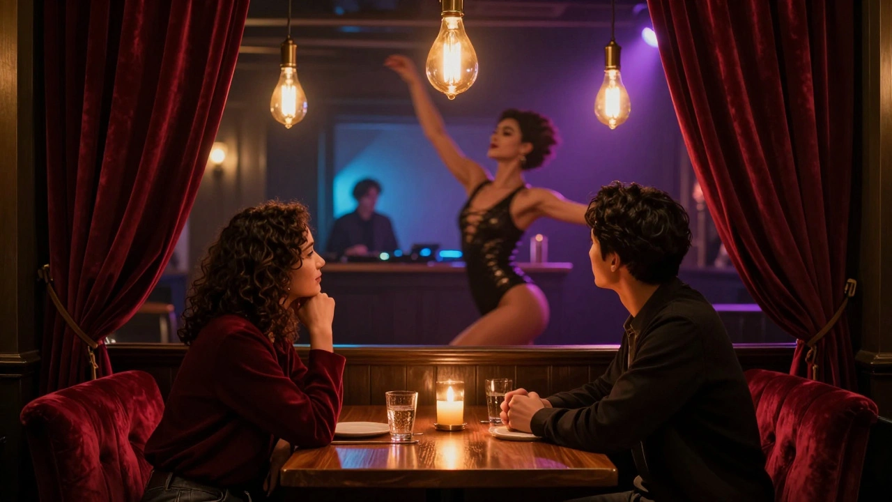 Two people sit close together at The Box Soho, captivated by a sultry performer under golden candlelight.