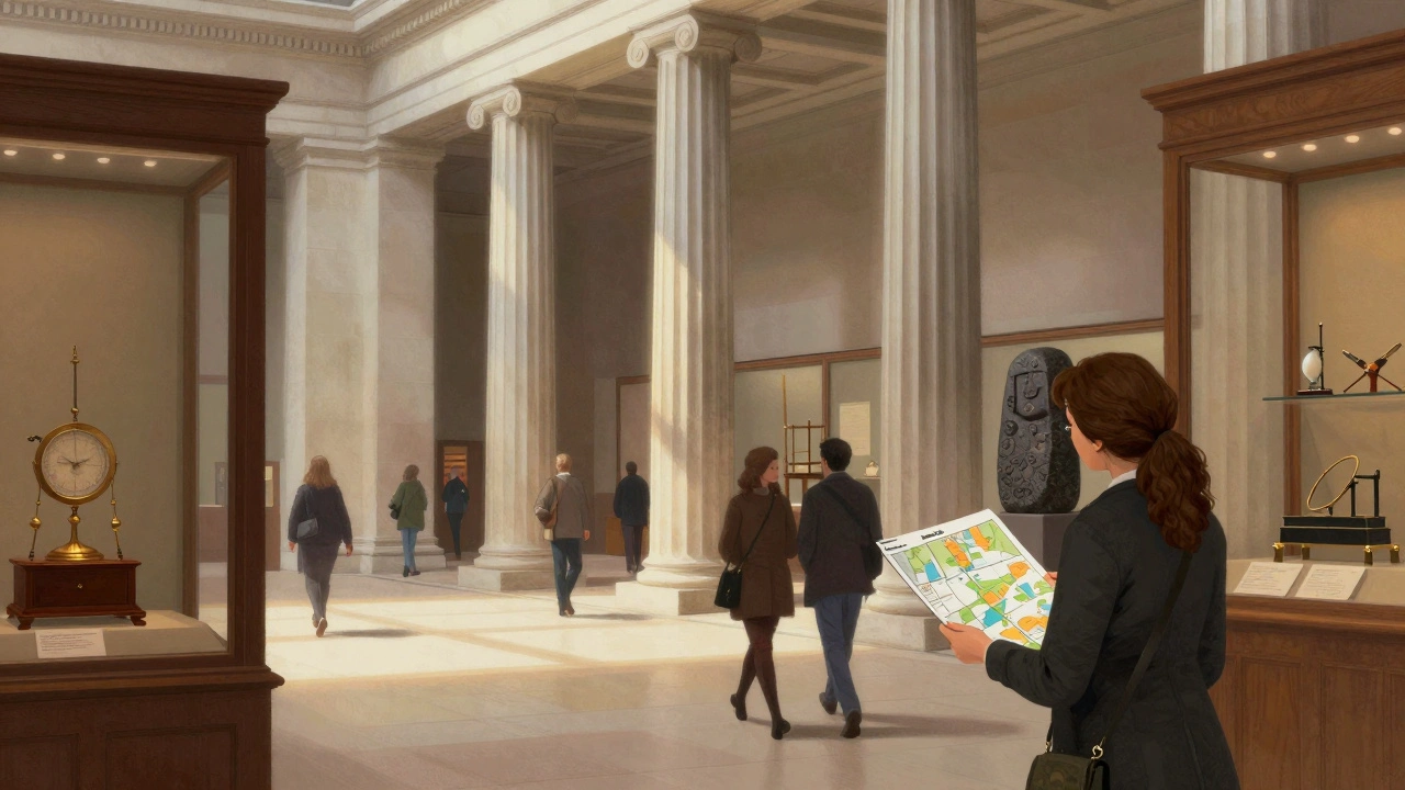 Visitors quietly exploring the Enlightenment Gallery inside the British Museum with historic scientific instruments.