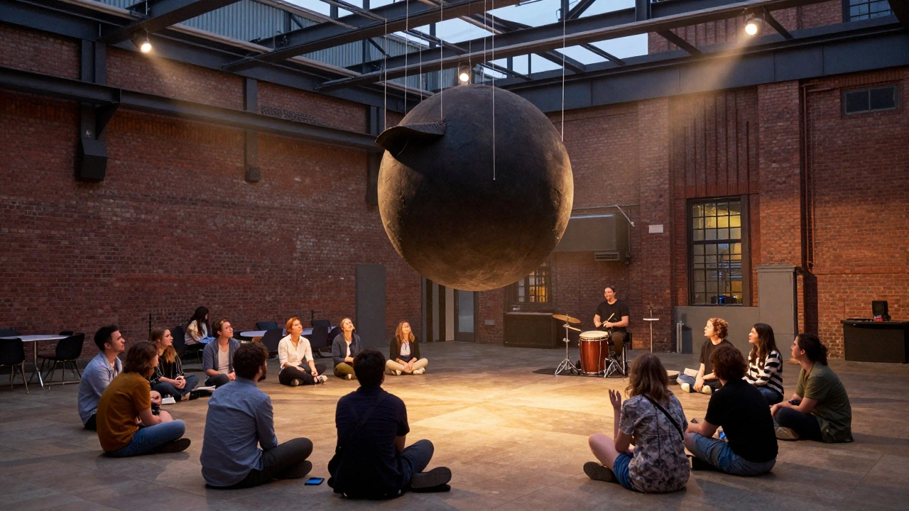 Visitors relaxing in Tate Modern's Turbine Hall beneath a large suspended sculpture.
