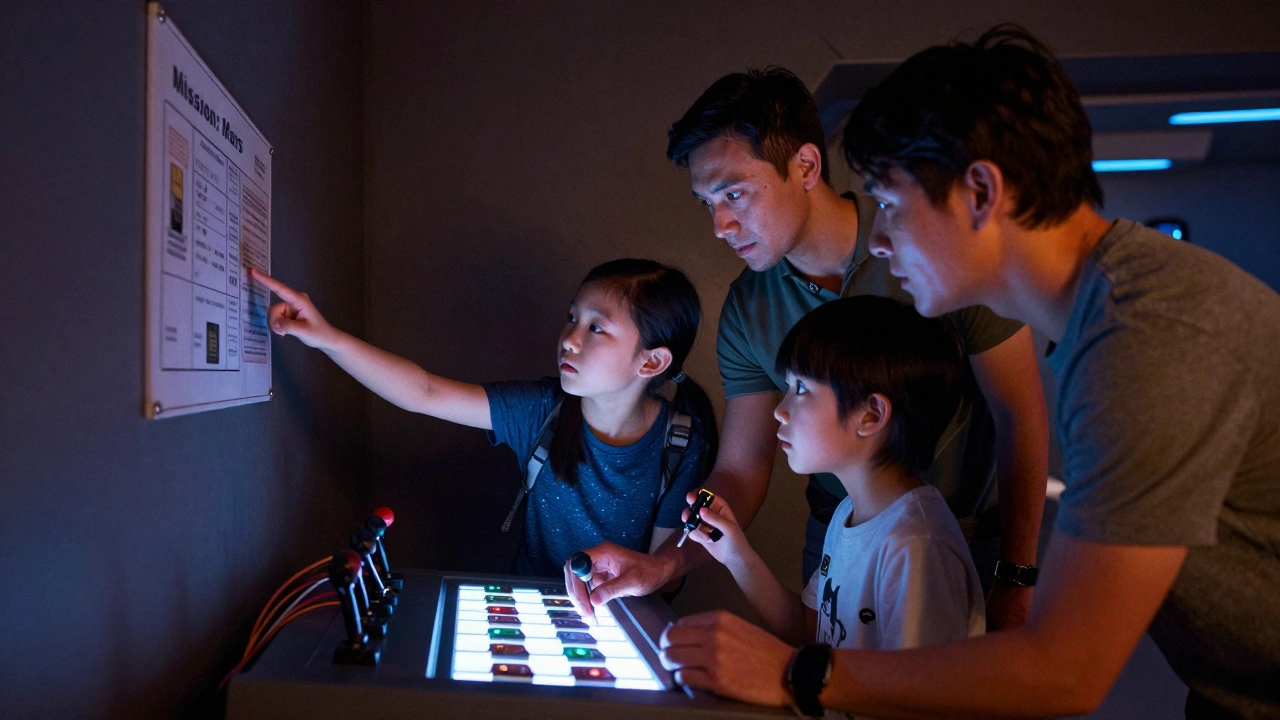A family collaborating to solve a puzzle in a futuristic escape room with glowing controls.