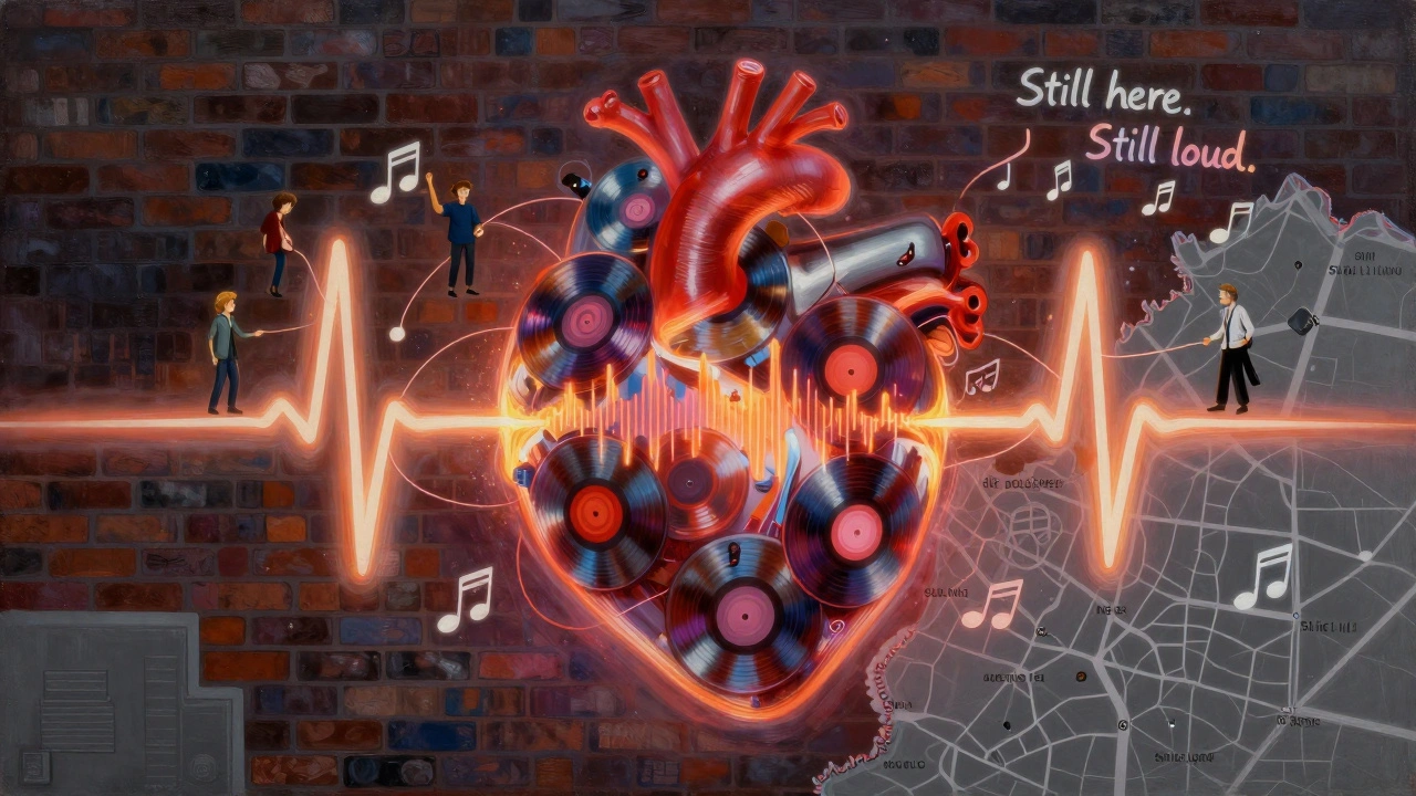 A glowing heart made of soundwaves and records symbolizing XOYO as London's underground musical soul.
