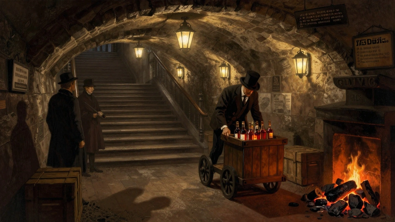 A hidden underground bar beneath Waterloo Station, lit by lanterns, with a man in a top hat serving whiskey from a wooden trolley.